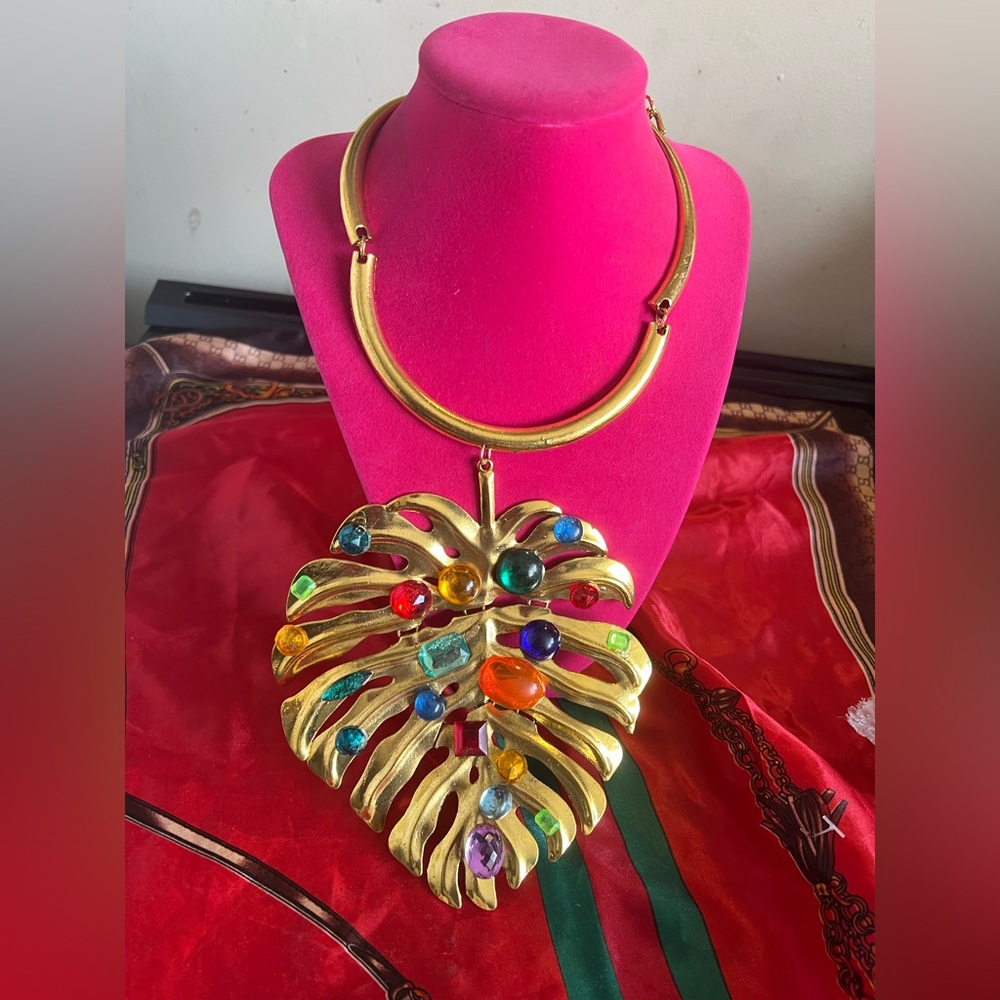 Monstera Leaf Necklace Bejeweled, up-cycled, 1 of kind-Gemstones hand placed - Picture 9 of 9